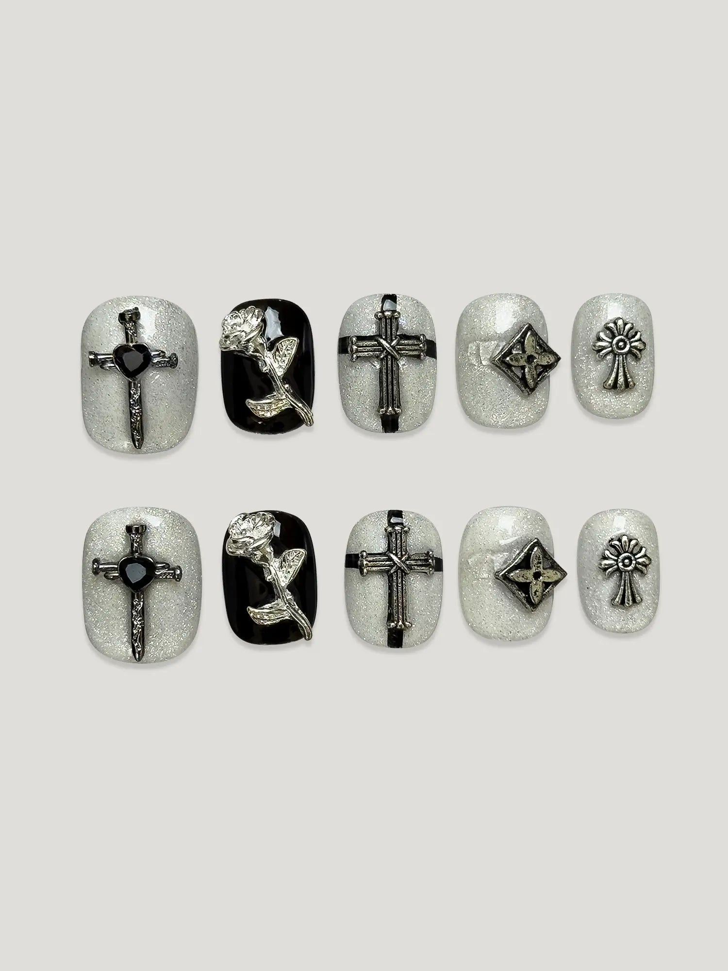 Gothic Silver Rose front - JOYOYSY handcrafted press-on nails