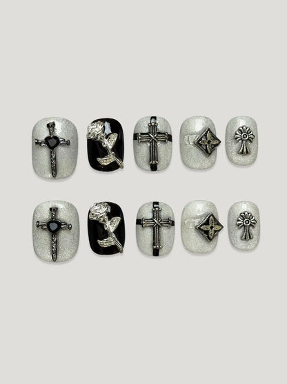 Gothic Silver Rose front - JOYOYSY handcrafted press-on nails