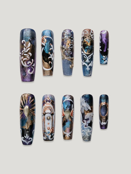Midnight Alice Secret Garden front - JOYOYSY handcrafted press-on nails
